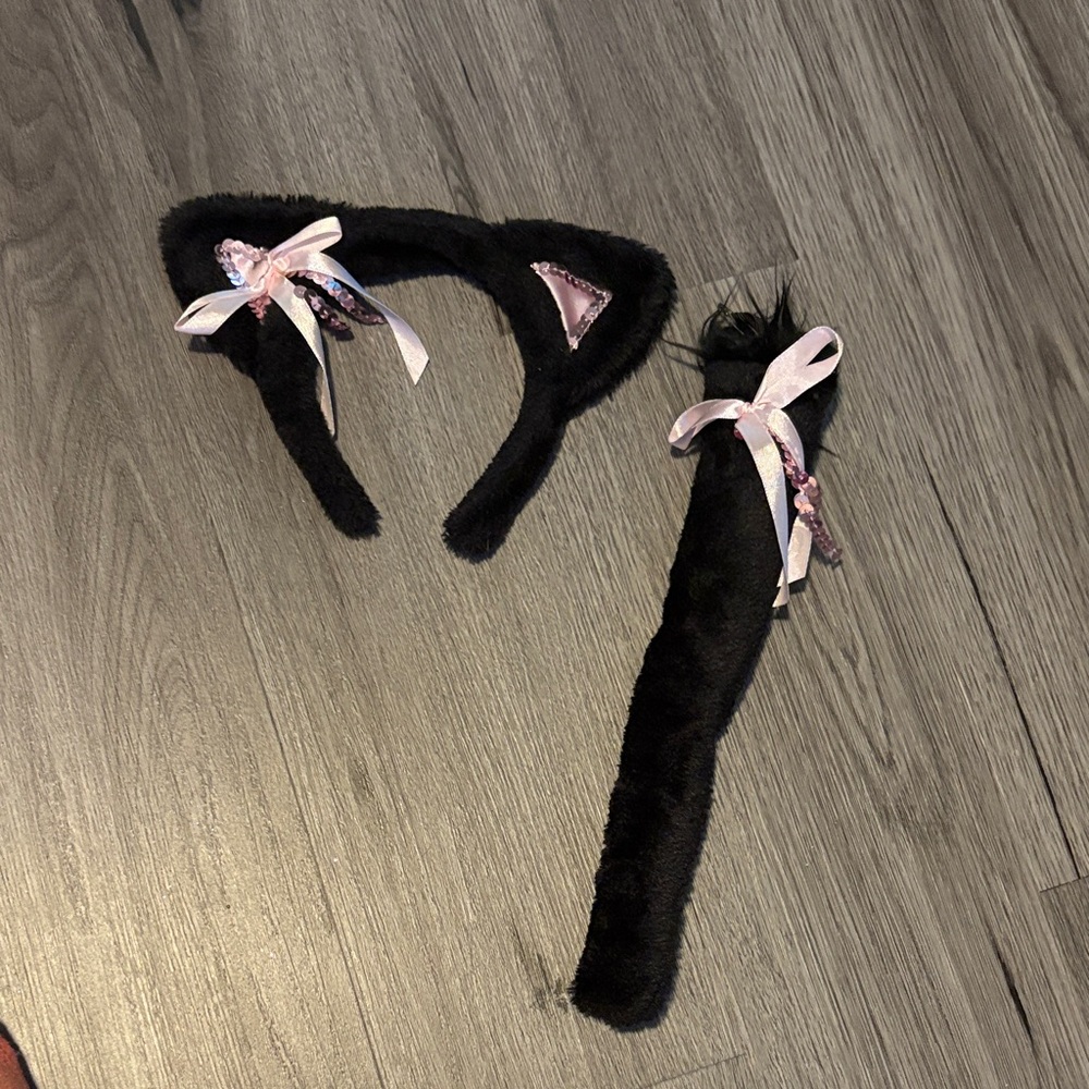 Black and Pink Cat Ear Headband and Tail Set